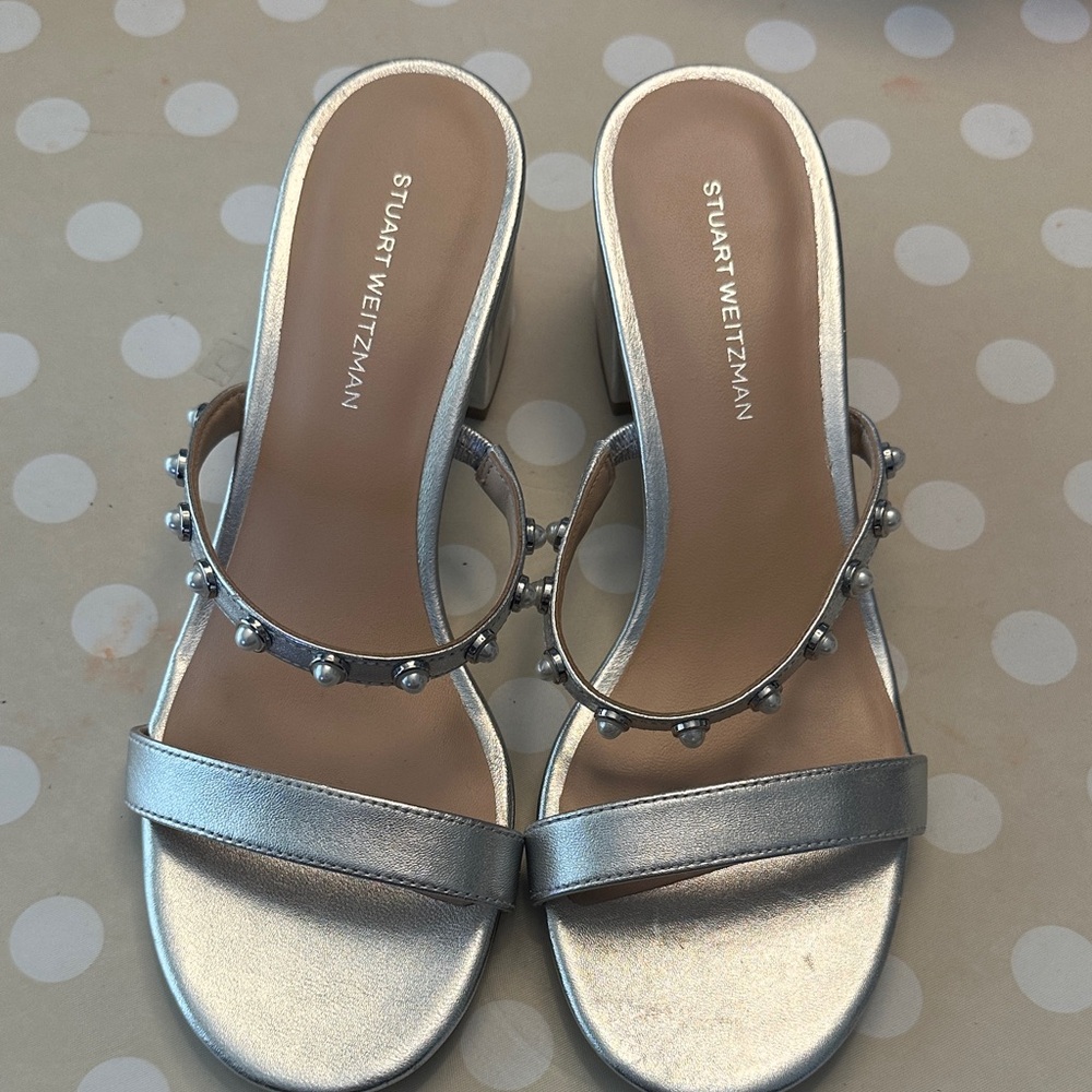 Stuart Weitzman Silver Metallic Studded Mid-Heel Slides